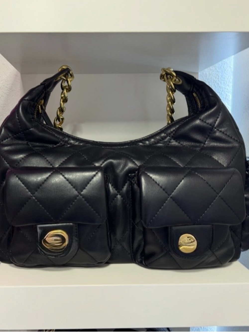 Quilted Black Leather Shoulder Bag with Gold Chain